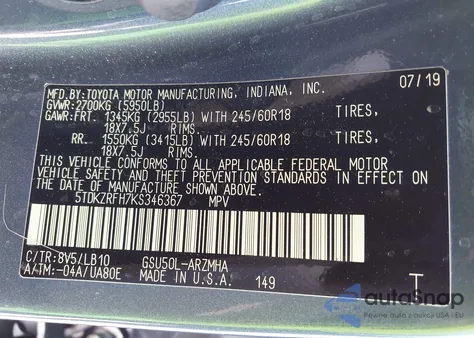 2019 Toyota Highlander Xle z USA, uszkodzony, nr VIN 5TDKZRFH7KS346367